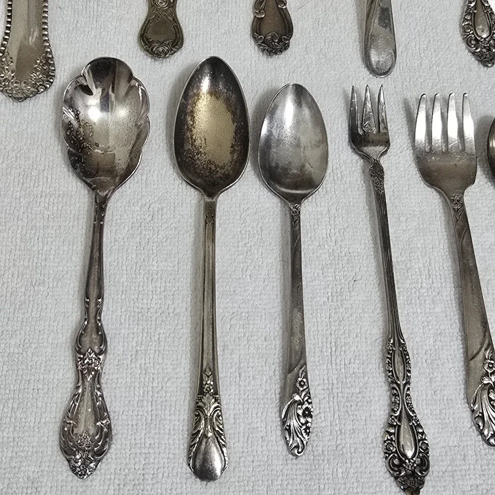 VTG Serving‎ Spoon Fork Lot of 15 Floral Art Some Silverplated